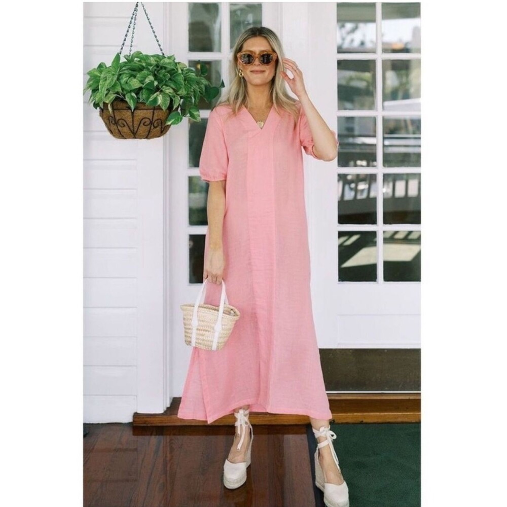 LAKE Gauze Caftan Dress Woman’s Medium  Coral Cotton Lightweight Resort Vacation